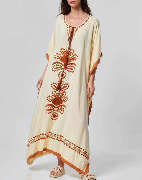 INDIRA LONG DRESS WITH V NECK AND EMBROIDED DETAILS