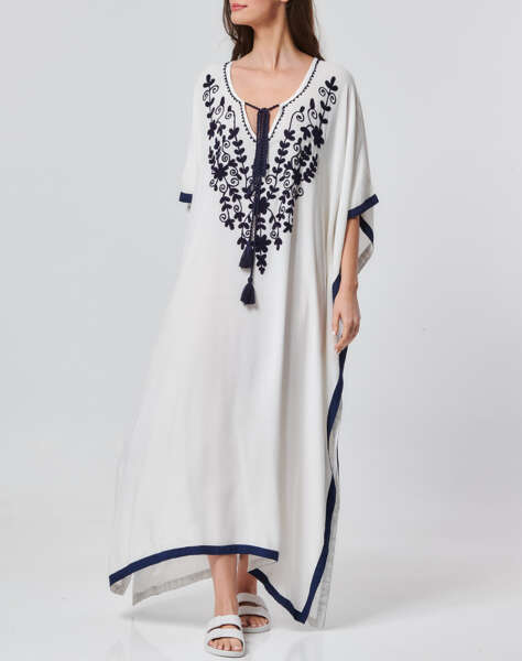 INDIRA LONG DRESS WITH EMBROIDED V NECK