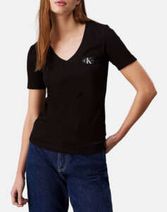 CALVIN KLEIN WOVEN LABEL RIB V-NECK TEE