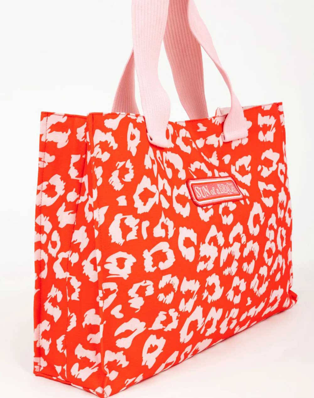 Sun of a Beach Red Leopard | Tote Beach Bag (dimensions: 53 x 36 x 11 cm)