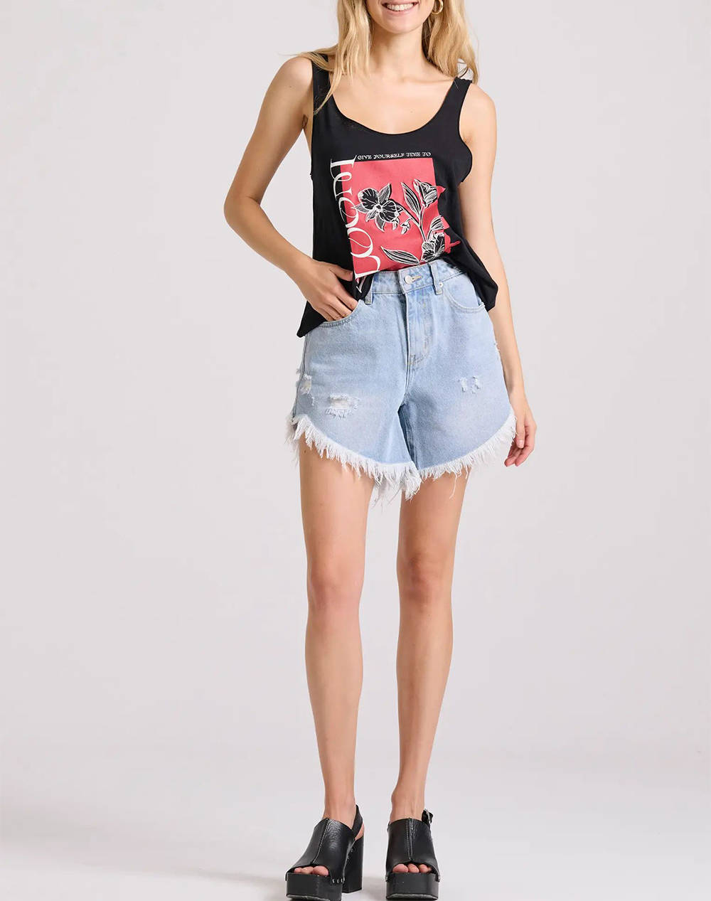 FUNKY BUDDHA Sleeveless t-shirt with blossom print and raw cuts