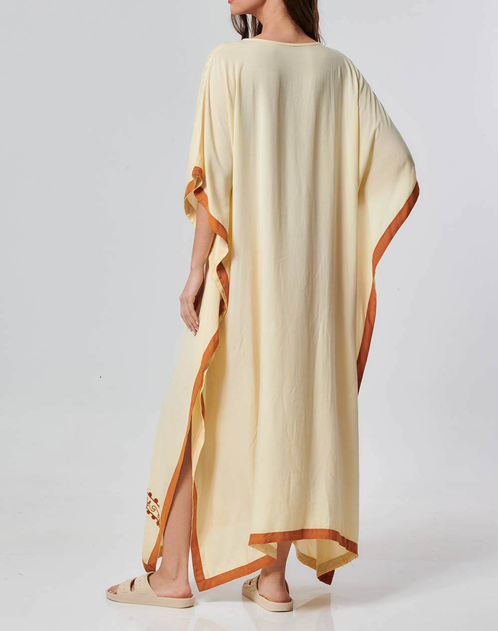 INDIRA LONG DRESS WITH V NECK AND EMBROIDED DETAILS