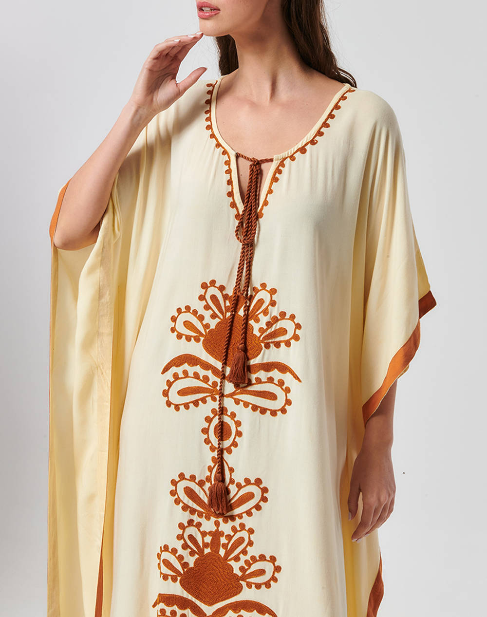 INDIRA LONG DRESS WITH V NECK AND EMBROIDED DETAILS