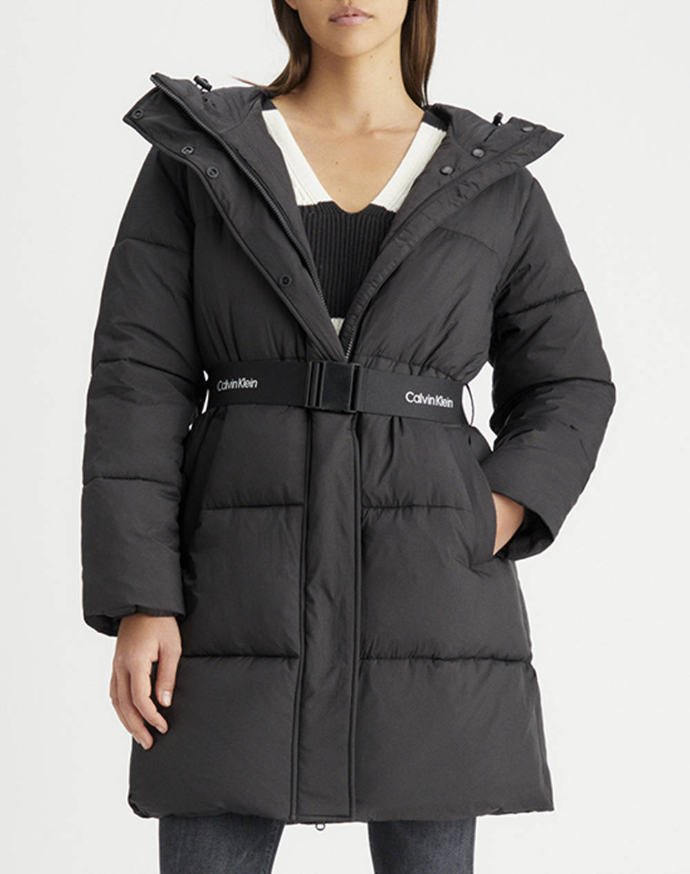 CALVIN KLEIN LOGO BELT LONG PUFFER